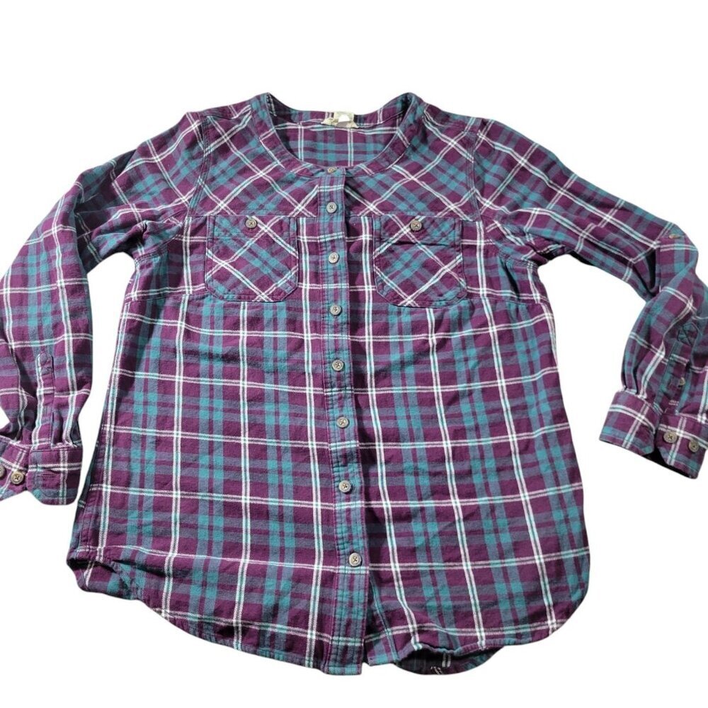 Duluth Flannel Shirt Womens Small Teal Purple Plaid Outdoors Lumberjack Roll Tab